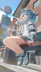  1girl absurdres arahashi_tabi blue_bow blue_bowtie blue_eyes blue_hair blue_sky bow bowtie building bus_stop_sign center_frills commentary compass frills goggles goggles_on_head grey_skirt highres holding_compass jacket kagemoe1003 long_sleeves on_bench open_clothes open_jacket open_mouth outdoors pleated_skirt pungdangi_(arahashi_tabi) shirt shoes sitting skirt sky stellive teeth twintails upper_teeth_only virtual_youtuber white_jacket white_shirt white_shoes 