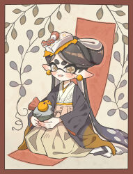  1girl black_hair black_haori bow-shaped_hair callie_(splatoon) commentary_request earrings eyelashes fangs food food_on_head hakama haori highres inkling japanese_clothes jewelry long_hair mole mole_under_eye object_on_head open_mouth osakanagumi11 pointy_ears sandals short_eyebrows smallfry_(splatoon) smile solo splatoon_(series) star-shaped_pupils star_(symbol) sushi symbol-shaped_pupils tabi tentacle_hair thick_eyebrows very_long_hair yellow_pupils 
