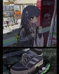  1girl absurdres bag black_hair black_socks blue_shoes blush bottle closed_mouth commentary_request convenience_store eating fish_skeleton_hair_ornament food green_eyes grocery_bag highres holding holding_food hood hoodie long_hair long_sleeves multiple_views night open_clothes open_hoodie original outdoors rain shirt shoes shop shopping_bag sneakers socks striped_sleeves twitter_username wanigumo white_shirt 