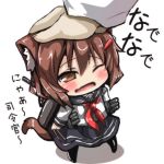  1girl admiral_(kantai_collection) animal_ears black_legwear blush brown_eyes brown_hair cat_ears cat_tail chibi hair_ornament hairclip ikazuchi_(kantai_collection) kantai_collection lowres oshiruko_(uminekotei) pantyhose personification pleated_skirt school_uniform serafuku skirt tail 