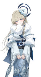  1girl 4meart0112 absurdres alternate_costume blue_archive blue_eyes blue_flower blue_halo blue_sash blush closed_mouth commentary_request floral_print floral_print_kimono flower fur-trimmed_kimono fur_trim furisode grey_hair hair_flower hair_ornament halo highres japanese_clothes kimono long_hair looking_at_viewer obi obijime print_kimono sash sidelocks simple_background smile solo standing straight-on tassel tassel_hair_ornament toki_(blue_archive) white_background 