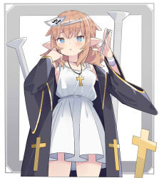  1girl black_coat blue_eyes blush border coat collarbone commentary_request cowboy_shot cross cross-shaped_pupils cross_necklace crossed_bangs dress grey_border hair_between_eyes highres holding holding_nail jewelry long_hair looking_at_viewer nail_(hardware) nail_hair_ornament necklace open_mouth orange_hair original outside_border pa._(tatuya28001) pointy_ears sidelocks simple_background sleeveless sleeveless_dress solo sundress symbol-shaped_pupils thighs triangle_mouth white_background white_dress wide_sleeves wrist_cuffs 