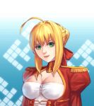  1girl ahoge blonde_hair breasts dress epaulettes fate/extra fate_(series) fateline_alpha green_eyes hair_ribbon highres red_dress ribbon saber_extra solo 