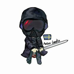  1boy anton_lundin artist_request black_coat black_hat black_mask black_pants black_shirt blood blood_on_clothes chibi chibi_only coat fewer_digits flag full_body gas_mask goggles hat holding holding_sword holding_weapon jitome long_sleeves looking_at_viewer male_focus mask open_clothes open_coat pants puffy_long_sleeves puffy_sleeves real_life shirt simple_background solo source_request standing swedish_flag sword third-party_source true_crime two-handed_sword weapon white_background 