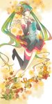  1girl absurdres boots detached_sleeves dragen_li flower green_hair hair_flower hair_ornament hands_on_own_chest hatsune_miku highres long_hair nail_polish necktie red_eyes single_thighhigh skirt solo tears thigh_boots thighhighs twintails very_long_hair vocaloid wings 