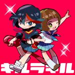  2girls black_hair brown_hair kill_la_kill locked_arms mankanshoku_mako matoi_ryuuko midriff multiple_girls school_uniform senketsu serafuku short_hair skirt smile sunaosunao suspenders sword weapon wink 