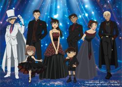  3girls 5boys :d akai_shuuichi amuro_tooru anime_coloring arm_at_side arms_behind_back belt black_belt black_coat black_dress black_hair black_jacket black_pants black_shoes black_shorts blonde_hair blue_background blue_eyes blue_shirt bow bowtie brown_hair cape card closed_mouth coat collarbone collared_shirt copyright_notice dress edogawa_conan full_body gloves haibara_ai hand_in_pocket hands_in_pockets hat hattori_heiji high_ponytail highres holding holding_card jacket kaitou_kid lens_flare light_particles long_hair long_sleeves looking_at_viewer meitantei_conan monocle monocle_chain mouri_ran multiple_boys multiple_girls necktie off-shoulder_dress off_shoulder official_art open_clothes open_coat open_jacket open_mouth pants ponytail red_bow red_bowtie red_necktie shirt shoes short_hair shorts sleeveless sleeveless_dress smile sparkle standing straight-on tooyama_kazuha top_hat v_arms white_cape white_gloves white_hat white_jacket white_shoes 