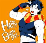  111132daiti 1boy black_hair blue_hair brown_eyes happy_birthday jojo_no_kimyou_na_bouken joseph_joestar_(young) midriff salute scarf solo wink 