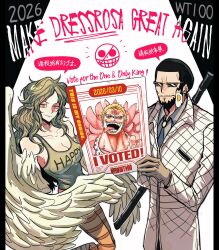  1boy 1girl 2026 absurdres black_hair blonde_hair brown_gloves checkered_coat chinese_text clothes_writing coat collared_shirt commentary dated donquixote_doflamingo donquixote_pirates_jolly_roger english_text facial_hair food food_on_face fried_egg gao_(lesegeng) gloves goatee green_hair green_tank_top harpy highres long_hair looking_at_viewer monet_(one_piece) monster_girl mustache_stubble official_art_inset one_piece open_mouth poster_(object) shirt short_hair smile striped_clothes striped_thighhighs stubble sunglasses tank_top thigh-highs tongue tongue_out untranslatable_commentary vergo_(one_piece) white_coat yellow_eyes 