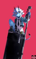  1girl absurdres aqua_jacket black_choker black_necktie black_skirt blue_horns blue_oni blue_skin choker colored_skin commentary_request grey_hair hair_between_eyes hair_between_horns highres horns jacket looking_at_viewer multicolored_horns necktie oni pleated_skirt pointy_ears red_background red_eyes shirt short_hair skirt smile solo soukaku_(zenless_zone_zero) two-tone_horns two-tone_tail white_shirt zenless_zone_zero zeroartwo 