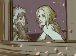  1boy 1girl blonde_hair commentary dismoond english_commentary facial_mark highres jiraiya_(naruto) long_hair looking_at_another mature_female mature_male naruto_(series) sitting spiky_hair tsunade_(naruto) white_hair 