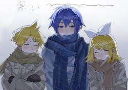  1girl 2boys 6_chair absurdres black_mittens blonde_hair blue_hair blue_jacket blue_scarf blush bow bow_hairband breasts brown_scarf closed_eyes closed_mouth cold commentary_request covered_mouth crossed_arms grey_jacket grid_print hair_ornament hairband hairclip highres jacket kagamine_len kagamine_rin kaito_(vocaloid) mittens multiple_boys nose_blush parallel_hairclips ponytail scarf short_hair short_ponytail translation_request upper_body v-shaped_eyebrows vocaloid white_bow white_hairband 
