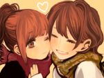  2girls blush brain-m brown_eyes brown_hair cheek-to-cheek closed_eyes hand_on_another&#039;s_chest heart multiple_girls original ponytail scarf smile tagme yellow_background yuri 