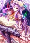  1girl aliprojectlove book crescent crystal hair_ribbon hat long_hair magic_circle patchouli_knowledge purple_hair ribbon sitting solo striped striped_legwear thigh-highs touhou violet_eyes 