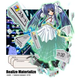  1girl apron aqua_eyes aqua_shoes aqua_skirt arms_behind_head arms_up artist_name back_bow bad_id blue_hair bow closed_mouth collared_shirt creature electricity english_text full_body hair_bow icon_(computing) katagiri_katana_(node) long_hair long_sidelocks microsoft_windows neck_ribbon necktie red_necktie ribbon sakura_(ukagaka) sash shirt shoes sidelocks skirt smile taskbar twintails ukagaka unyuu waist_apron white_apron white_bow white_shirt windows_classic windows_server_2003 yellow_bow yellow_sash 