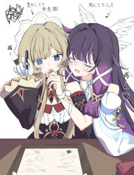  2girls arm_ribbon bare_shoulders black_collar black_hair black_sleeves blue_eyes bonnet bow bowtie breasts brown_hair clipboard closed_eyes collar columbina_(genshin_impact) commentary_request desk detached_collar detached_sleeves dress eye_mask feeding genshin_impact gloves gradient_hair hair_flaps hair_ornament hair_ribbon hand_on_another's_mouth head_wings headdress highres holding holding_pen long_hair long_sidelocks long_sleeves mask multicolored_hair multiple_girls multiple_wings nib_pen_(object) notepad open_mouth paper pen purple_hair purple_streaks reinoni ribbon sandrone_(genshin_impact) see-through_clothes see-through_mask short_hair short_hair_with_long_locks sidelocks smile streaked_hair translation_request two-tone_hair very_long_hair white_dress white_headdress white_mask white_wings wing_hair_ornament wings wrist_bow writing x-shaped_eyewear 
