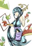  absurdly_long_hair absurdres apple blue_eyes blue_hair colored_eyelashes food fruit green_apple hair_ornament hair_stick highres holding holding_fruit leaf long_hair matsukei original paintbrush painting pixiv-tan ponytail red_apple sarashi skirt stem very_long_hair vest 