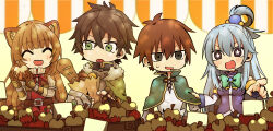  2boys 2girls :d ^_^ absurdres alternate_breast_size_(smaller) animal_ear_fluff animal_ears apple aqua_(konosuba) armor bag bare_shoulders belt black_dress black_gloves black_hair black_shirt blue_dress blue_hair blue_sleeves blunt_bangs bread breastplate breasts brown_armor brown_belt brown_gloves brown_hair capelet chemical_structure chemical_structure_hair_ornament chibi cloak closed_eyes collared_dress commentary_request croissant crossover detached_sleeves dress elbow_gloves facing_another fingerless_gloves food fruit fur-trimmed_collar fur_trim gloves gold_trim gradient_background green_capelet green_cloak green_eyes grey_armor hair_between_eyes hair_ornament hair_rings high_collar highres hohoriri holding holding_another's_arm holding_bag holding_food holding_fruit iwatani_naofumi kono_subarashii_sekai_ni_shukufuku_wo! layered_dress leather leather_armor leather_gloves long_hair long_sleeves looking_at_another medium_breasts medium_hair messy_hair metal_arm_cuffs metal_wrist_cuffs multiple_boys multiple_girls neck_ribbon nervous_smile open_collar open_mouth outdoors paper_bag pauldrons pointing pointing_at_food pointing_at_object raccoon_ears raccoon_girl raphtalia red_dress red_ribbon ribbon satou_kazuma shirt shoulder_armor single_hair_ring single_pauldron sleeveless sleeveless_dress small_breasts smile straight_hair sweatdrop tate_no_yuusha_no_nariagari teeth two-tone_dress two-tone_sleeves upper_body upper_teeth_only white_dress white_shirt white_sleeves white_trim yellow_background 