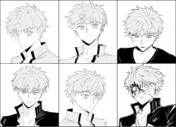  1boy commentary_request emiya_shirou fate/stay_night fate_(series) homurabara_academy_school_uniform jacket male_focus messy_hair monogatari_(series) multiple_expressions mutoqth open_clothes open_jacket school_uniform solo spiky_hair 