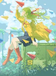  1girl absurdres arm_at_side black_skirt boots chinese_commentary closed_mouth clouds cloudy_sky coat commentary_request day detached_sleeves expressionless floating_hair foliage from_side full_body green_eyes green_hair grey_sky hair_ribbon highres holding holding_paper_airplane long_hair long_sleeves looking_at_object looking_up neckerchief open_clothes open_coat original outdoors overgrown paper_airplane pleated_skirt profile red_boots red_neckerchief red_ribbon ribbon rubber_boots shirt shirt_tucked_in sitting skirt sky solo user_dgdk8884 variant_set white_shirt yellow_coat 
