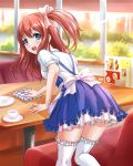  1girl :d alternate_color anna_miller blue_eyes brown_hair chaki-yam open_mouth side_ponytail smile solo table thighhighs waitress white_legwear wiping 