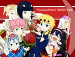  black_hair blonde_hair bouquet bruno_bucciarati flower giorno_giovanna guido_mista jojo_no_kimyou_na_bouken leone_abbachio narancia_ghirga ouran_high_school_host_club pannacotta_fugo parody pink_hair stuffed_animal stuffed_bunny stuffed_toy style_parody trish_una v white_hair xxxceller 