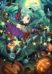  1girl bat cape elbow_gloves full_moon gloves green_eyes green_hair halloween hatsune_miku jack-o&#039;-lantern long_hair moon na222222 necktie night open_mouth outstretched_arms pantyhose skirt solo spread_arms star striped striped_gloves twintails very_long_hair vocaloid 