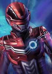  1boy absurdres armor armored_bodysuit assault_visor black_bodysuit blue_background bodysuit chou_uchuu_keiji_gavan_infinity combat_helmet commentary earth_(planet) english_commentary full_armor gavan_infinity glowing glowing_armor helmet highres looking_to_the_side male_focus mixed-language_commentary multicolored_armor planet red_armor red_helmet science_fiction silver_armor solo space thomas_chan tokusatsu two-tone_armor upper_body 