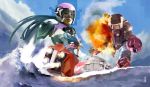  1girl battle blue_hair bodysuit burning_force clouds damaged dual_persona explosion firing helmet hover_bike lips long_hair looking_at_viewer mecha military military_vehicle mountain realistic riding robot science_fiction signature tank tengenji_hiromi vandrell vehicle visor 