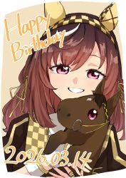  1girl absurdres animal_ears birthday blush border brown_background brown_hair buena_vista_(heroina_inocente)_(umamusume) buena_vista_(racehorse) buena_vista_(umamusume) checkered_collar checkered_hairband commentary_request creature_and_personification ear_covers gloves hairband happy_birthday highres horse horse_ears horse_girl looking_at_viewer muchi3333 personification real_life simple_background smile umamusume upper_body violet_eyes white_border white_gloves 