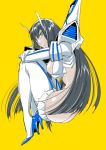  1girl ass black_hair breasts high_heels junketsu kill_la_kill kiryuuin_satsuki large_breasts living_clothes long_hair revealing_clothes saidanica solo yellow_background 