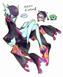  ... 1boy black_jacket bob_cut clothed_pokemon colored_skin commentary_request corbeau_(pokemon) coumibuzzbuzz crossed_legs fusion gardevoir glasses highres jacket monsterification pokemon pokemon_(creature) pokemon_legends:_z-a purple_hair simple_background white_background white_skin yellow_eyes 