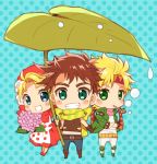  1girl 2boys bandana blonde_hair bubble bubble_pipe caesar_anthonio_zeppeli chibi danemaru dress fingerless_gloves gloves headband jojo_no_kimyou_na_bouken joseph_joestar_(young) leaf_umbrella multiple_boys scarf suzi_quatro 