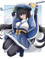  1girl ankle_boots arms_up black_hair black_pantyhose blue_capelet boots border bow capelet commentary_request duel_masters fur-trimmed_capelet fur-trimmed_gloves fur-trimmed_kimono fur_trim gloves golf_club hair_over_eyes hat highres holding holding_golf_club icing_faerie japanese_clothes jumping kimono koorizatou82 long_hair odaibako open_mouth outside_border pantyhose shirt_under_kimono solo very_long_hair waist_bow white_border white_gloves yellow_bow 
