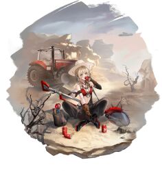 1girl artist_request black_boots black_pants blonde_hair boots bra braid brown_gloves can circular_saw compass cowboy_hat crossed_legs desert drink_can drinking gloves hat jewelry motor_vehicle necklace official_art pants path_to_nowhere pepper_(path_to_nowhere) red_bra saw single_sleeve_past_elbow soda_can tool_kit tractor twin_braids underwear weapon white_hat 