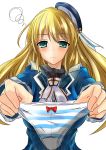  1girl atago_(kantai_collection) blonde_hair bow bow_panties frown green_eyes hat highres holding holding_panties kantai_collection military military_uniform panties personification seuma solo striped striped_panties underwear uniform 