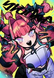 +_+ 1girl ahoge arknights arknights:_endfield character_name commentary double_v dragon_girl dragon_horns dragon_tail gloves hair_intakes highres horns leaf_st looking_at_viewer open_mouth pink_hair pointy_ears smile solo tail twintails v yvonne_(arknights) 