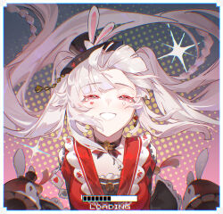  1girl black_choker black_hat black_sleeves bow breasts chinese_commentary choker clothing_cutout club_(shape) collar commentary_request floating_hair frilled_collar frilled_sleeves frills gradient_background grey_background grey_hair grin hat hat_bow hat_ornament highres honkai:_star_rail honkai_(series) kei_kei_(854174652) laughing loading_icon loading_screen long_sleeves looking_at_viewer medium_breasts multicolored_hair pink_background pink_eyes plaid_clothes plaid_sleeves poker polka_dot polka_dot_background profile rabbit_hat_ornament red_eyes red_hair red_shirt sailor_collar shirt shoulder_cutout smile solo sparkle streaked_hair twintails upper_body white_bow white_hair wide_sleeves wind 
