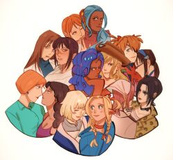  6+girls absurdres animal_print applejack applejack_(equestria_girls) black_choker black_hair blonde_hair blue_capelet blue_eyes blue_hair blue_shirt bodysuit bonnie_swanson brown_hair capelet choker cigarette closed_eyes closed_mouth commentary cowboy_shot crossover dark-skinned_female dark_skin dungeon_meshi ear_piercing earrings english_commentary eyepatch falin_touden falin_touden_(tallman) family_guy glasses hand_on_another's_chin highres ieiri_shoko interface_headset_(evangelion) iori_utahime japanese_clothes jewelry jujutsu_kaisen kimono komatsu_nana lab_coat leopard_print lois_griffin long_hair looking_at_viewer makinami_mari_illustrious marcille_donato medium_hair mole mole_under_eye multiple_girls my_little_pony my_little_pony:_equestria_girls my_little_pony:_friendship_is_magic nami_(one_piece) nana_(series) nefertari_vivi neon_genesis_evangelion one_eye_closed one_piece orange_eyes orange_hair osaki_nana parted_lips piercing pink_hair pointy_ears purple_hair rarity_(equestria_girls) rarity_(my_little_pony) red-framed_eyewear red_bodysuit red_choker red_lips scar scar_on_face scar_on_nose shabexzart shirt short_hair simple_background smile smoking souryuu_asuka_langley white_background white_kimono yuri 