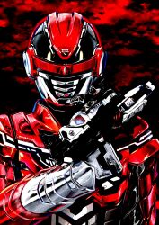  1boy 4ze_meteor absurdres arm_at_side armor armored_bodysuit assault_visor black_background black_bodysuit bodysuit chou_uchuu_keiji_gavan_infinity cloud_background clouds combat_helmet commentary english_commentary full_armor gavan_infinity gavarion_trigger gun hand_up handgun helmet highres holding holding_gun holding_weapon looking_at_viewer male_focus mixed-language_commentary multicolored_armor red_armor red_clouds red_helmet red_theme science_fiction silver_armor solo straight-on tokusatsu two-tone_armor upper_body weapon 