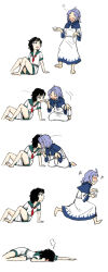  2girls alcohol barefoot blue_eyes blue_hair blue_hood blush bottle choko_(cup) collared_shirt commentary_request cup dress green_eyes hood hood_down kiss kumoi_ichirin long_sleeves meimaru_inuchiyo multiple_girls murasa_minamitsu musical_note neckerchief red_neckerchief sake sake_bottle shirt short_hair short_sleeves shorts simple_background sitting touhou white_background white_dress white_shirt white_shorts yuri 