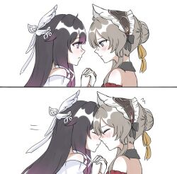  2girls bare_shoulders black_hair blue_eyes blush bonnet braid braided_bun closed_eyes columbina_(genshin_impact) commentary english_commentary genshin_impact gloves grey_hair hair_bun holding_hands imminent_kiss interlocked_fingers multicolored_hair multiple_girls nonoberry22 purple_streaks sandrone_(genshin_impact) simple_background streaked_hair violet_eyes white_background white_gloves yuri 