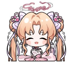  1girl ^_^ arms_behind_back artist_request back_bow bare_shoulders bead_armlet beads blonde_hair blush_stickers bow choker closed_eyes cone_hair_bun cropped_torso double_bun dreamtime_bestowed_(infinity_nikki) dress hair_beads hair_bow hair_bun hair_ornament halo happy heart heart_choker heart_hair_ornament infinity_nikki large_bow layered_dress long_hair neck_ribbon nikki_(series) official_art open_mouth parted_bangs pink_bow pink_dress pink_halo pink_ribbon purple_bow purple_ribbon ribbon ribbon_earrings sidelocks smile solo straight-on strapless strapless_dress striped_bow transparent_background twintails very_long_hair white_dress 