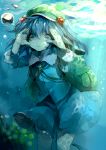  1girl asuna_(i_luv) backpack bag blue_eyes blue_hair boots bubble dress hair_bobbles hair_ornament hand_on_head hat kawashiro_nitori key long_sleeves looking_at_viewer plant pocket rubber_boots shirt short_hair skirt skirt_set solo sunbeam sunlight touhou twintails underwater wet wet_clothes 