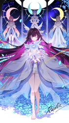  1other 4girls absurdres aria_(genshin_impact) artist_name bare_shoulders barefoot black_hair canon_(genshin_impact) chinese_commentary closed_eyes closed_mouth colored_inner_hair columbina_(genshin_impact) commentary_request crescent dress eye_mask faceless faceless_female fatui_coat field flower flower_field full_body genshin_impact hair_ornament head_wings highres hug hugging_object invisible_shoes long_hair luonnotar_(genshin_impact) mask multicolored_hair multiple_girls multiple_wings no_shoes own_hands_together praying purple_hair purple_streaks radix_jiegeng ribbon see-through_clothes see-through_mask signature smile sonnet_(genshin_impact) stained_glass standing streaked_hair two-tone_hair unusually_open_eyes very_long_hair white_dress white_hair white_headdress white_mask white_wings wing_hair_ornament wings wrist_bow x-shaped_eyewear 