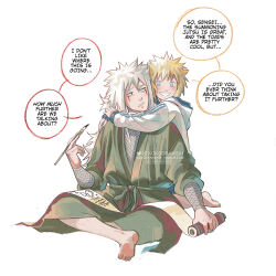  2boys artist_name blonde_hair english_text highres jiraiya_(naruto) kokodrawings long_hair male_focus multiple_boys namikaze_minato naruto_(series) signature spiky_hair teacher_and_student twitter_username white_hair 
