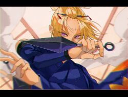  1girl bangs_pinned_back black_kimono blonde_hair commentary_request folded_ponytail gintama hadanugi_dousa highres japanese_clothes kimono kiseru kunai kunai_hair_ornament moryo_2 nihongami scar scar_on_cheek scar_on_face sleeveless sleeveless_kimono smoking_pipe solo tsukuyo_(gintama) weapon 