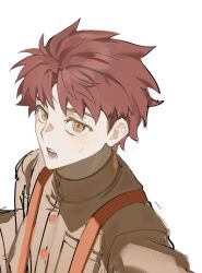  1boy brown_eyes emiya_shirou fate/stay_night fate_(series) highres homurabara_academy_school_uniform male_focus messy_hair mutoqth red_hair school_uniform sketch solo spiky_hair 