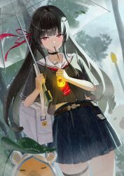 1girl bag black_choker black_hair black_serafuku black_shirt black_skirt breasts capybara chisa_(wuthering_waves) choker food food_in_mouth hair_ribbon holding holding_umbrella jewelry leaf_umbrella long_hair looking_at_viewer mole mole_under_eye neckerchief pleated_skirt pocky pocky_in_mouth rain red_eyes red_neckerchief red_ribbon ribbon ring sailor_collar school_uniform serafuku shirt shoulder_bag skirt umbrella white_bag white_sailor_collar wuthering_waves zziz_(sujebi22)
