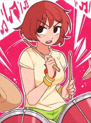  1girl :o absurdres angry black_eyes bob_cut body_freckles breasts commentary cymbals double_vertical_stripe drum drum_set drumsticks freckles green_shorts hair_between_eyes highres holding holding_drumsticks instrument jeff_miga kim_pine looking_at_viewer medium_breasts music musical_note open_mouth outline playing_instrument print_shirt red_background red_hair round_teeth scott_pilgrim_(series) shirt short_hair short_shorts short_sleeves shorts solo teeth upper_teeth_only v-shaped_eyebrows white_background white_outline yellow_shirt 